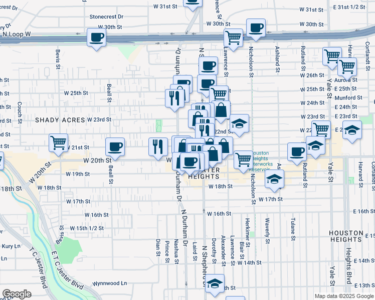 map of restaurants, bars, coffee shops, grocery stores, and more near 741 West 21st Street in Houston