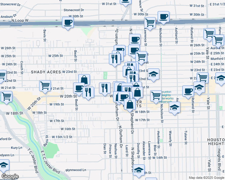 map of restaurants, bars, coffee shops, grocery stores, and more near 827 West 21st Street in Houston