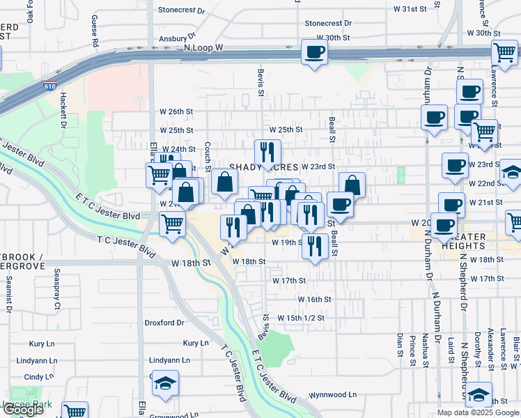 map of restaurants, bars, coffee shops, grocery stores, and more near 2103 Bevis Street in Houston