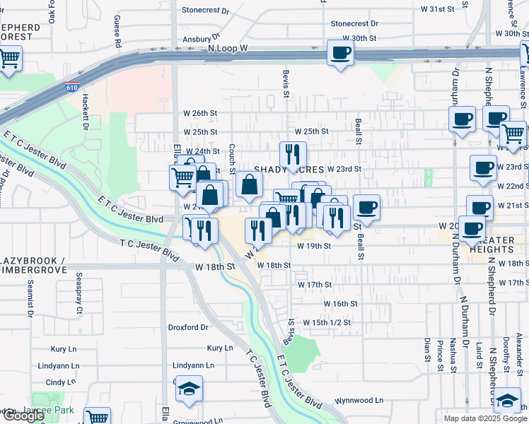 map of restaurants, bars, coffee shops, grocery stores, and more near 1401 West 21st Street in Houston