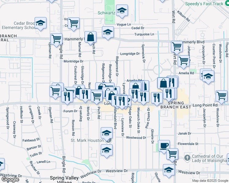 map of restaurants, bars, coffee shops, grocery stores, and more near 1840 Ridgecrest Drive in Houston