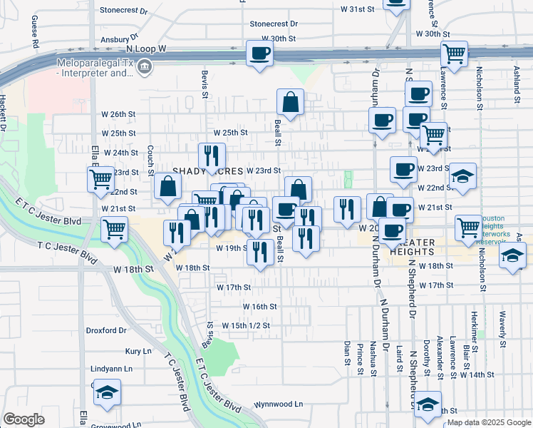 map of restaurants, bars, coffee shops, grocery stores, and more near 1139 West 21st Street in Houston