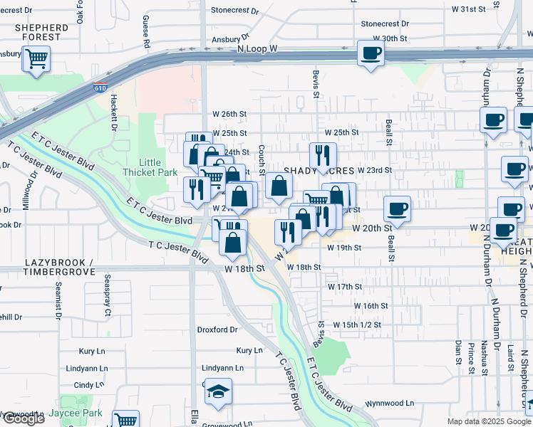 map of restaurants, bars, coffee shops, grocery stores, and more near 1431 West 21st Street in Houston