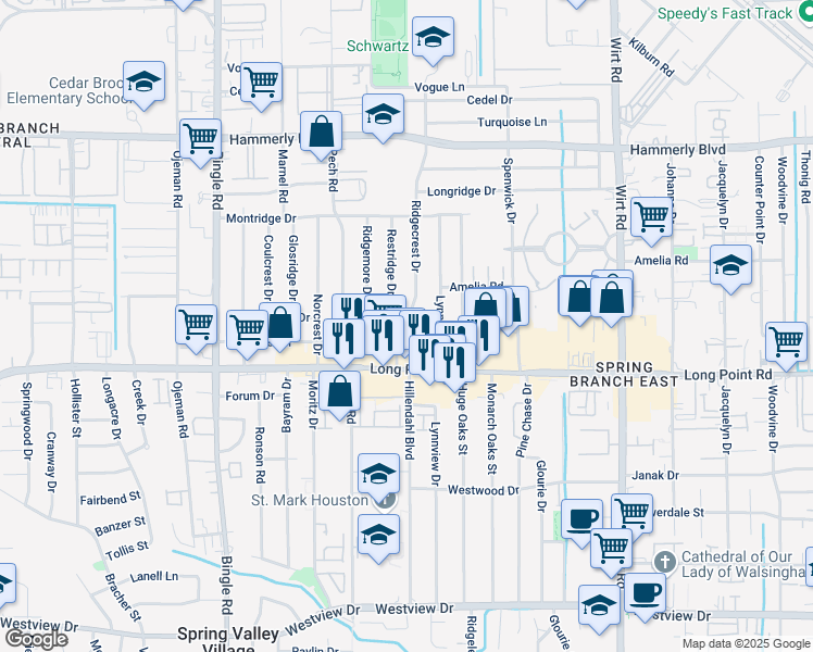 map of restaurants, bars, coffee shops, grocery stores, and more near 1840 Ridgecrest Drive in Houston
