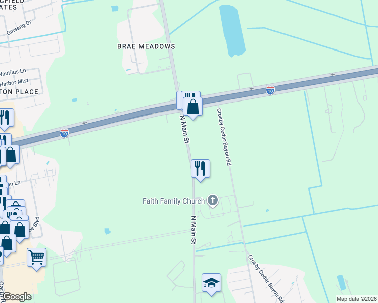 map of restaurants, bars, coffee shops, grocery stores, and more near 6901 North Main Street in Baytown