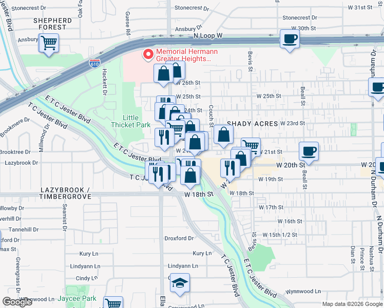 map of restaurants, bars, coffee shops, grocery stores, and more near 1521 West 21st Street in Houston