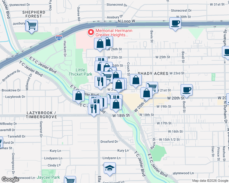 map of restaurants, bars, coffee shops, grocery stores, and more near 1631 West 21st Street in Houston