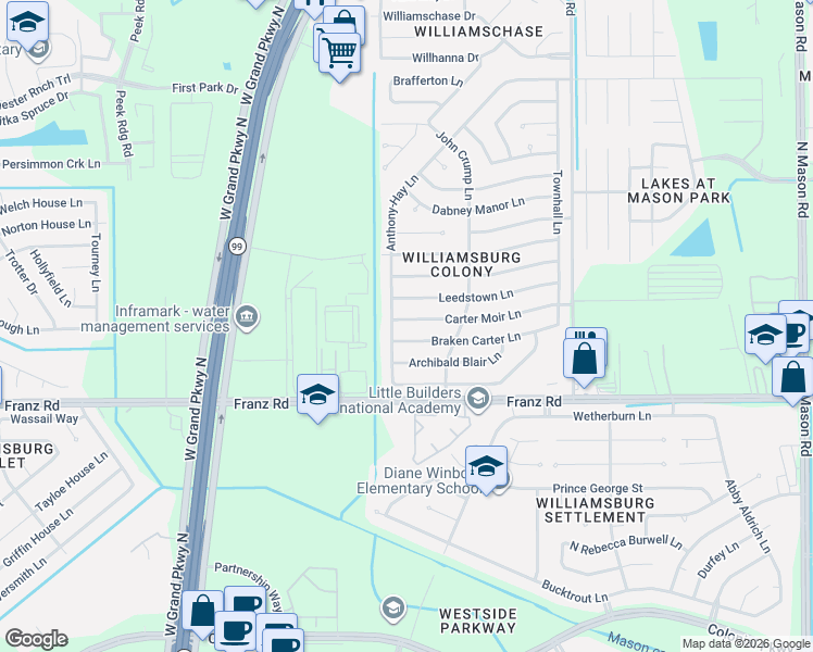 map of restaurants, bars, coffee shops, grocery stores, and more near 22814 Carter Moir Lane in Katy