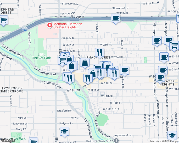 map of restaurants, bars, coffee shops, grocery stores, and more near 1401 West 21st Street in Houston