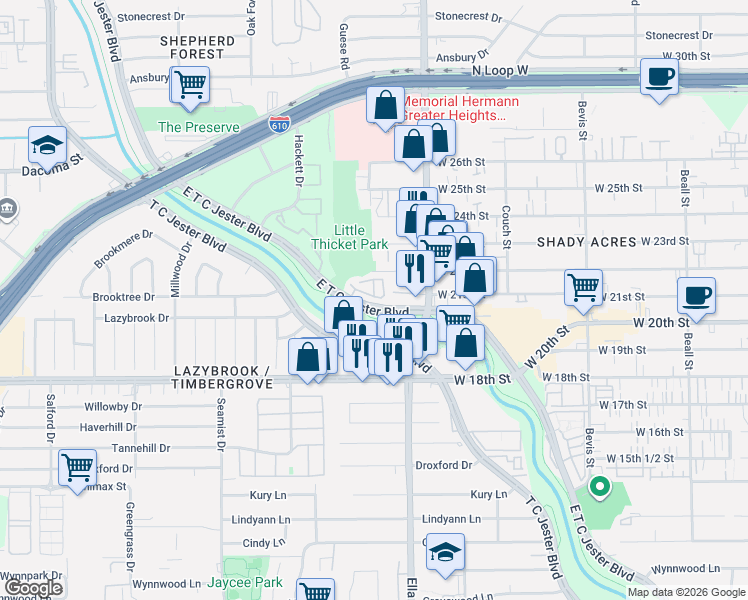map of restaurants, bars, coffee shops, grocery stores, and more near 2114 Stacy Glen in Houston