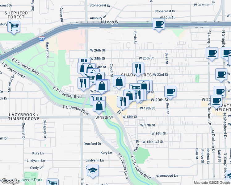 map of restaurants, bars, coffee shops, grocery stores, and more near 1431 West 21st Street in Houston