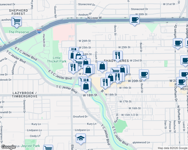 map of restaurants, bars, coffee shops, grocery stores, and more near 1431 West 21st Street in Houston