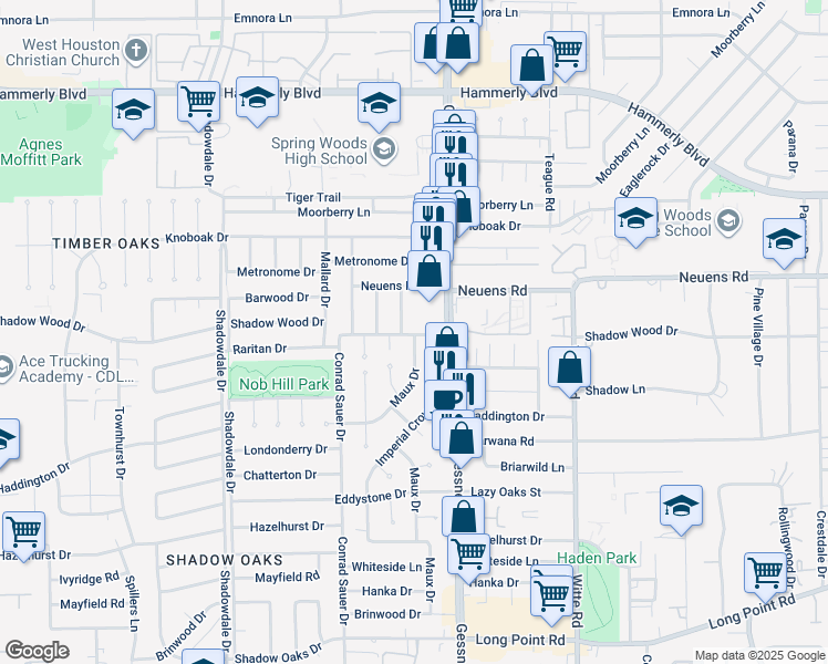 map of restaurants, bars, coffee shops, grocery stores, and more near 1806 Maux Drive in Houston