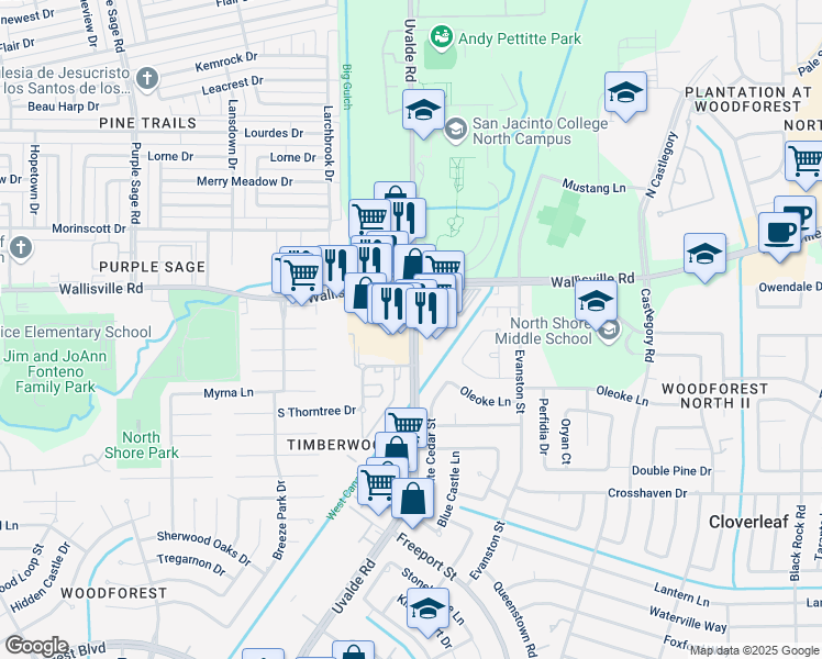 map of restaurants, bars, coffee shops, grocery stores, and more near 36-56 Uvalde Road in Houston