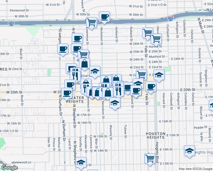 map of restaurants, bars, coffee shops, grocery stores, and more near 503 West 21st Street in Houston