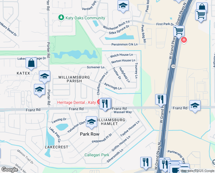 map of restaurants, bars, coffee shops, grocery stores, and more near 23918 Ayscough Lane in Katy