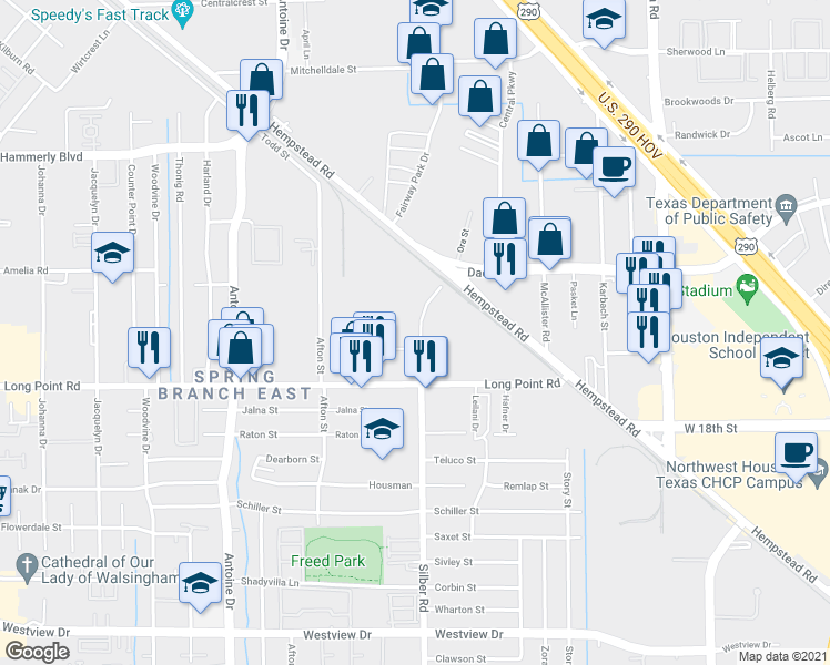 map of restaurants, bars, coffee shops, grocery stores, and more near 2045 Silber Rd in Houston