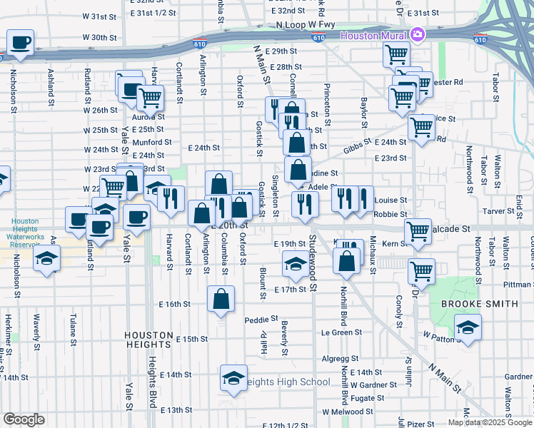 map of restaurants, bars, coffee shops, grocery stores, and more near 2030 Gostick Street in Houston