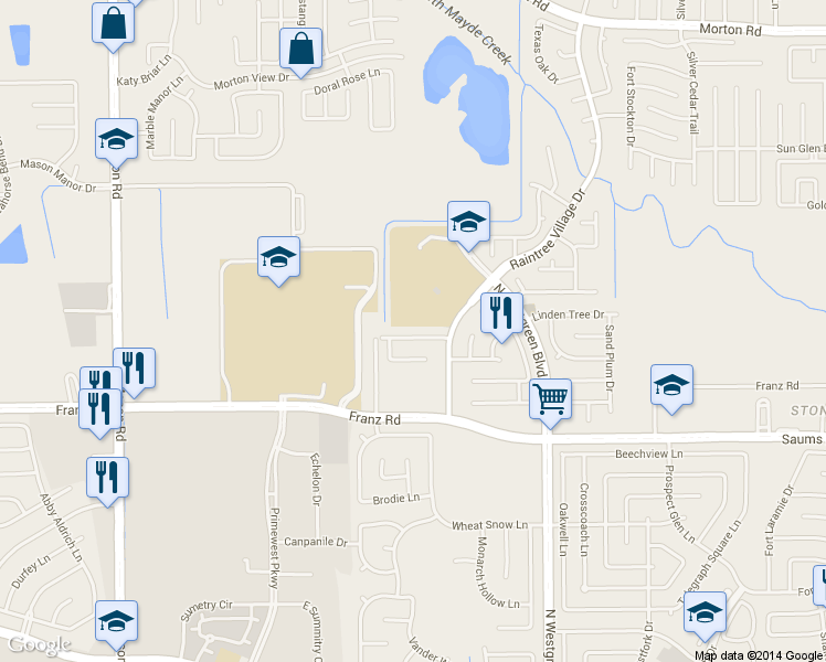 map of restaurants, bars, coffee shops, grocery stores, and more near 20530 Cocoplum Drive in Katy