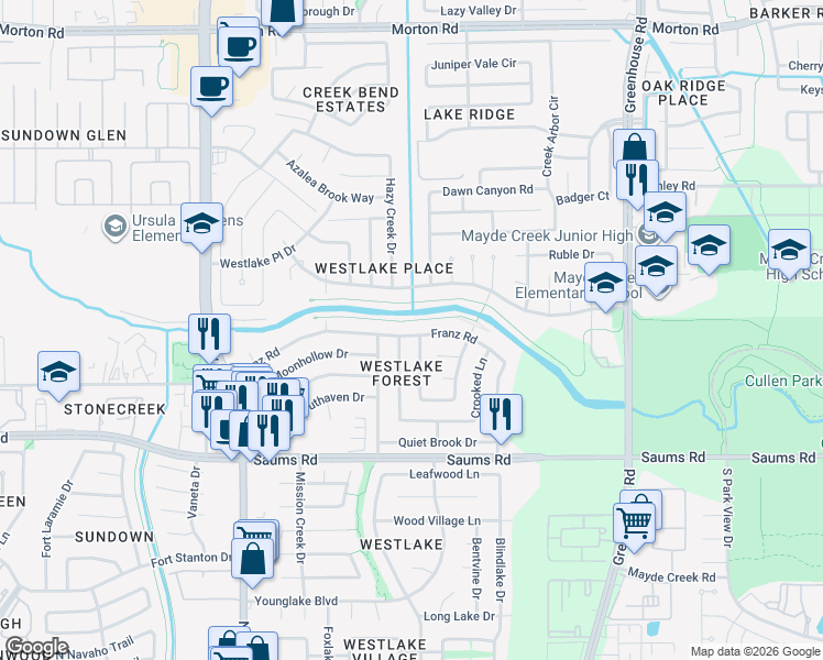 map of restaurants, bars, coffee shops, grocery stores, and more near 19438 Franz Road in Houston