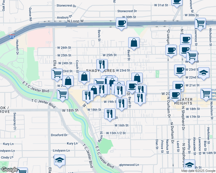 map of restaurants, bars, coffee shops, grocery stores, and more near 1223 West 21st Street in Houston