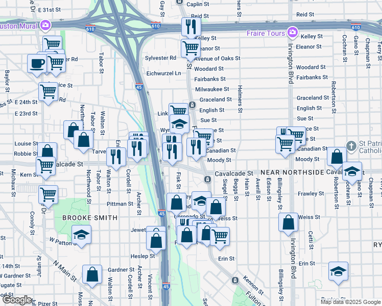 map of restaurants, bars, coffee shops, grocery stores, and more near 5000 Sharman Street in Houston
