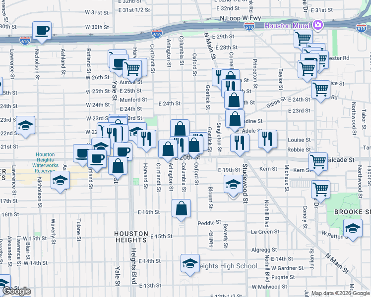 map of restaurants, bars, coffee shops, grocery stores, and more near 2025 Oxford Street in Houston