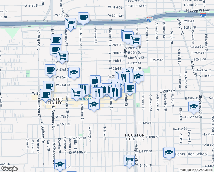 map of restaurants, bars, coffee shops, grocery stores, and more near 2100 Rutland Street in Houston