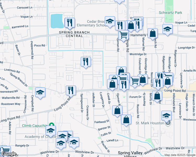 map of restaurants, bars, coffee shops, grocery stores, and more near 1846 Hollister Street in Houston