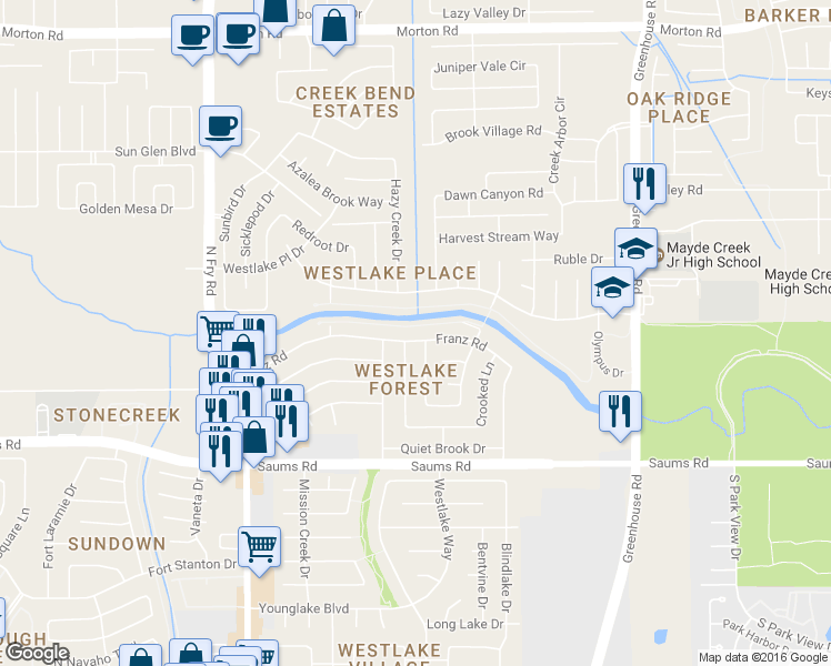 map of restaurants, bars, coffee shops, grocery stores, and more near 19438 Franz Road in Houston