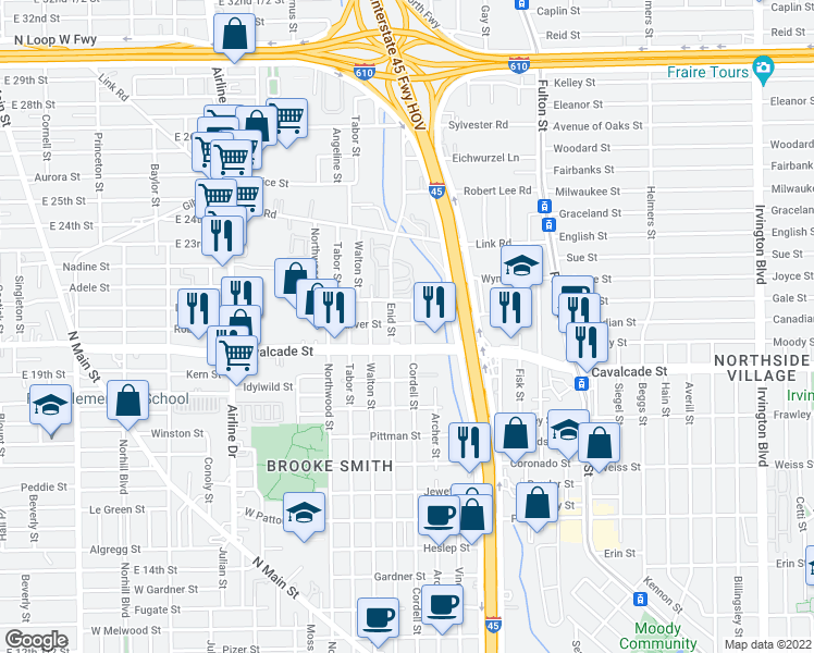 map of restaurants, bars, coffee shops, grocery stores, and more near 1411 Cordell Street in Houston