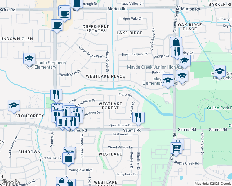 map of restaurants, bars, coffee shops, grocery stores, and more near 19438 Franz Road in Houston