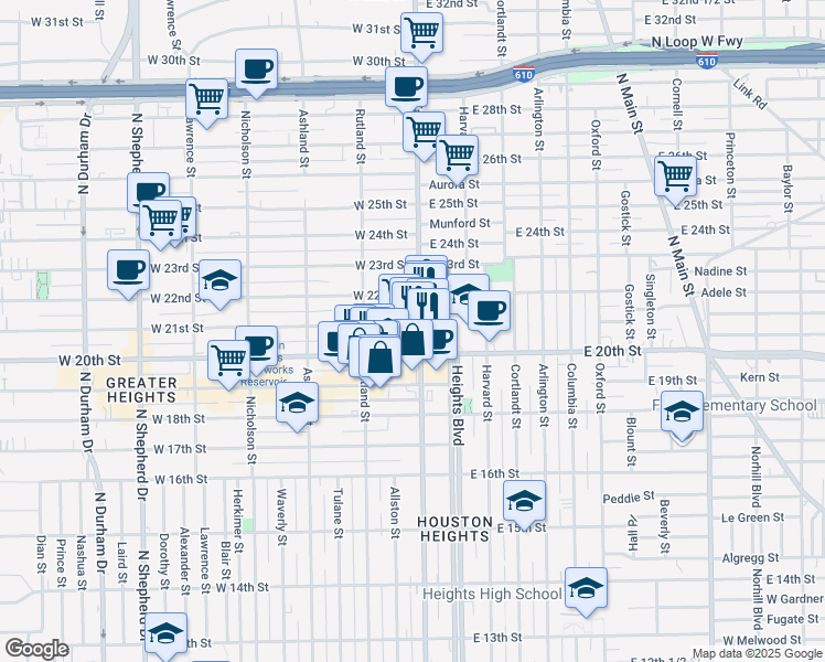 map of restaurants, bars, coffee shops, grocery stores, and more near 2017 Yale Street in Houston