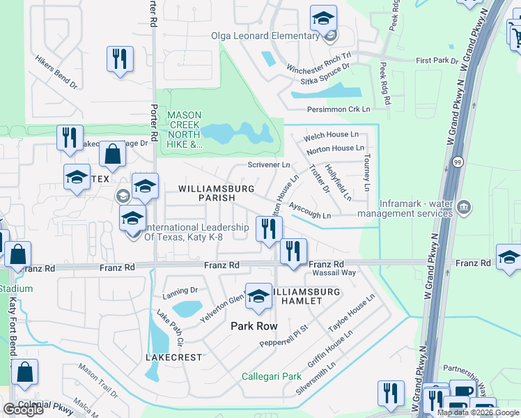 map of restaurants, bars, coffee shops, grocery stores, and more near 24030 Shaw Perry Lane in Katy