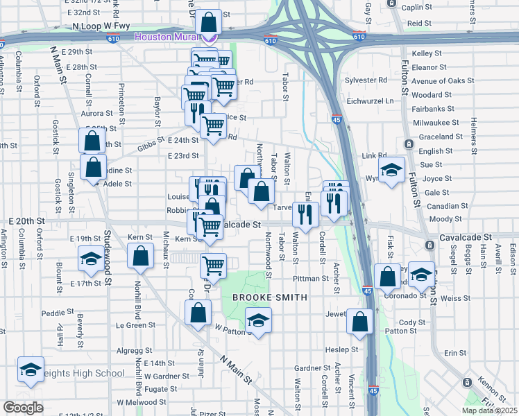 map of restaurants, bars, coffee shops, grocery stores, and more near 618 West Cavalcade Street in Houston