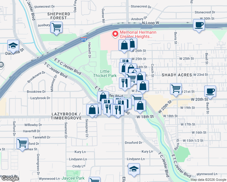 map of restaurants, bars, coffee shops, grocery stores, and more near 2114 Stacy Glen in Houston