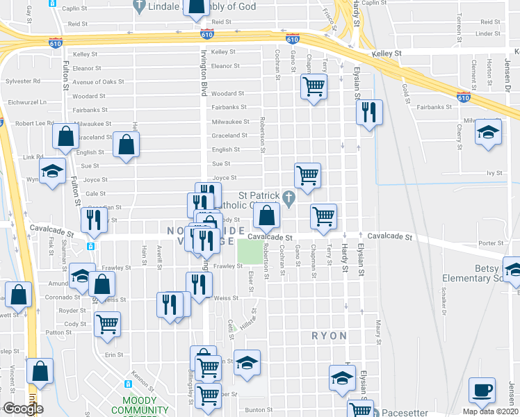 map of restaurants, bars, coffee shops, grocery stores, and more near 1014 Canadian Street in Houston