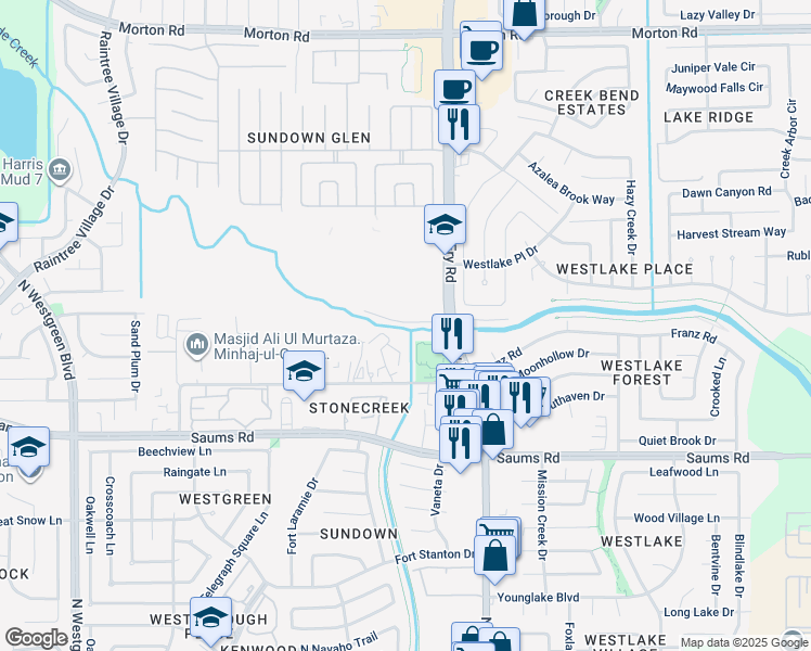 map of restaurants, bars, coffee shops, grocery stores, and more near 1926 Franz Road in Katy
