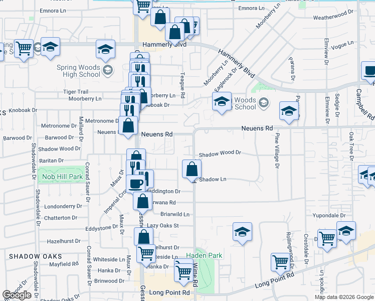 map of restaurants, bars, coffee shops, grocery stores, and more near 1849 Witte Road in Houston