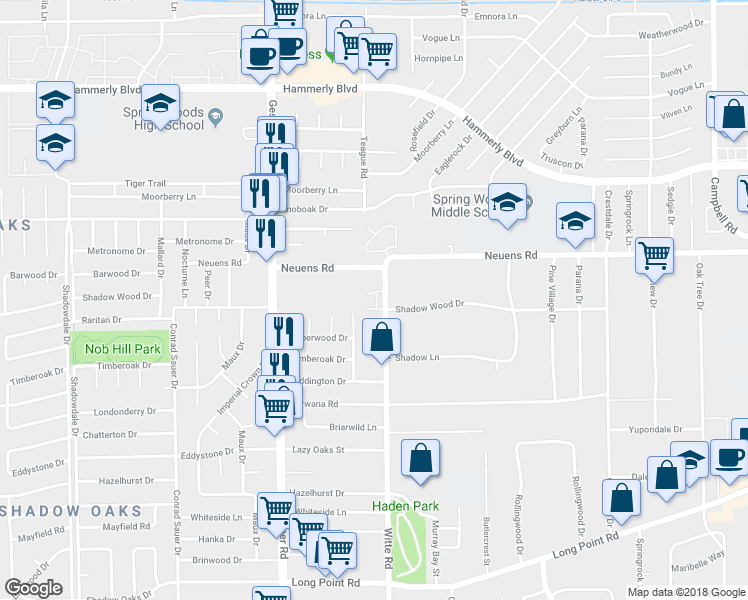 map of restaurants, bars, coffee shops, grocery stores, and more near 1849 Witte Road in Houston