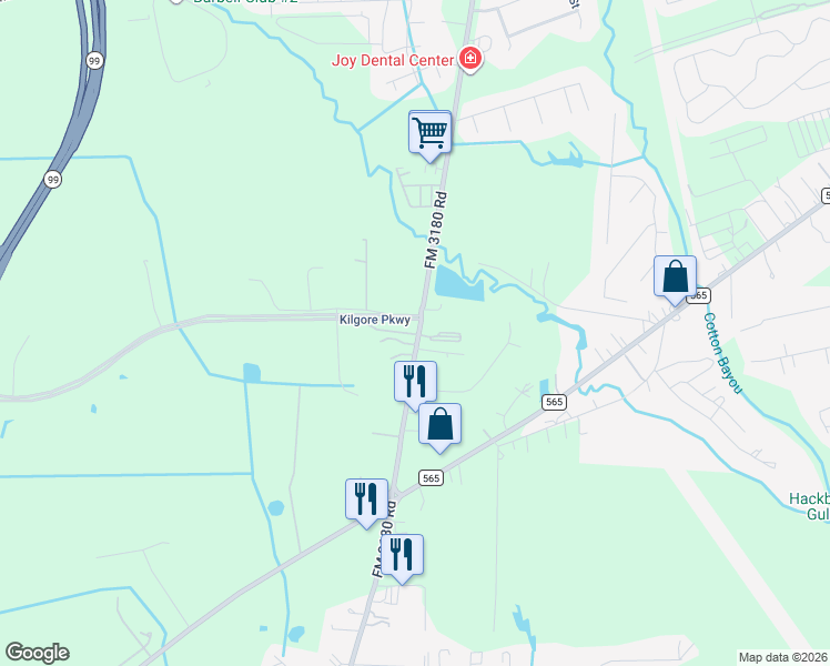map of restaurants, bars, coffee shops, grocery stores, and more near 7523 FM 3180 Road in Baytown