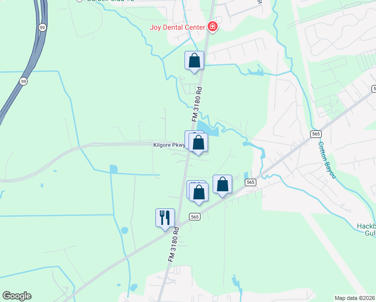 map of restaurants, bars, coffee shops, grocery stores, and more near 7523 FM 3180 Road in Baytown