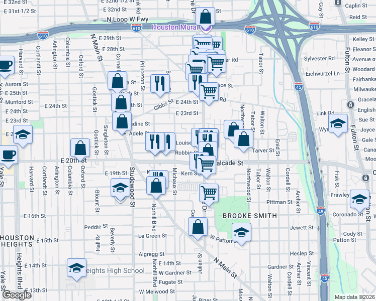 map of restaurants, bars, coffee shops, grocery stores, and more near 922 Robbie Street in Houston