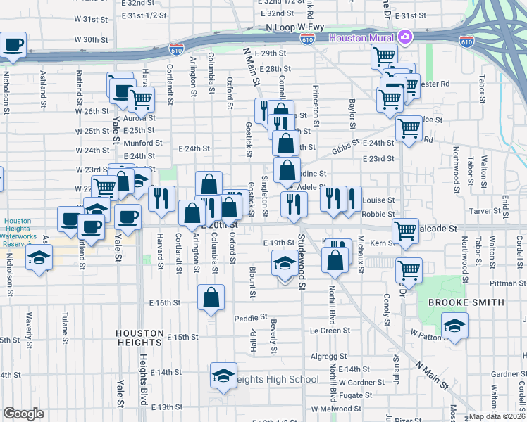 map of restaurants, bars, coffee shops, grocery stores, and more near 2030 Gostick Street in Houston