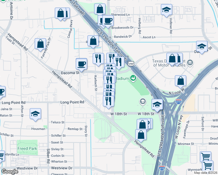 map of restaurants, bars, coffee shops, grocery stores, and more near 2066-2128 Mangum Rd in Houston