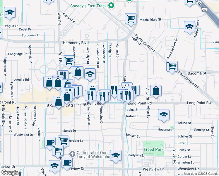 map of restaurants, bars, coffee shops, grocery stores, and more near 1918 Woodvine Drive in Houston