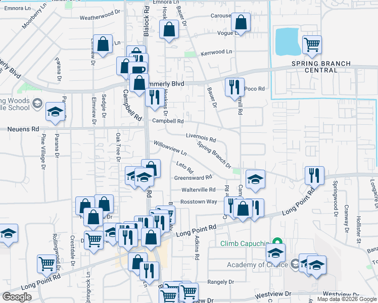 map of restaurants, bars, coffee shops, grocery stores, and more near 9354 Willowview Lane in Houston