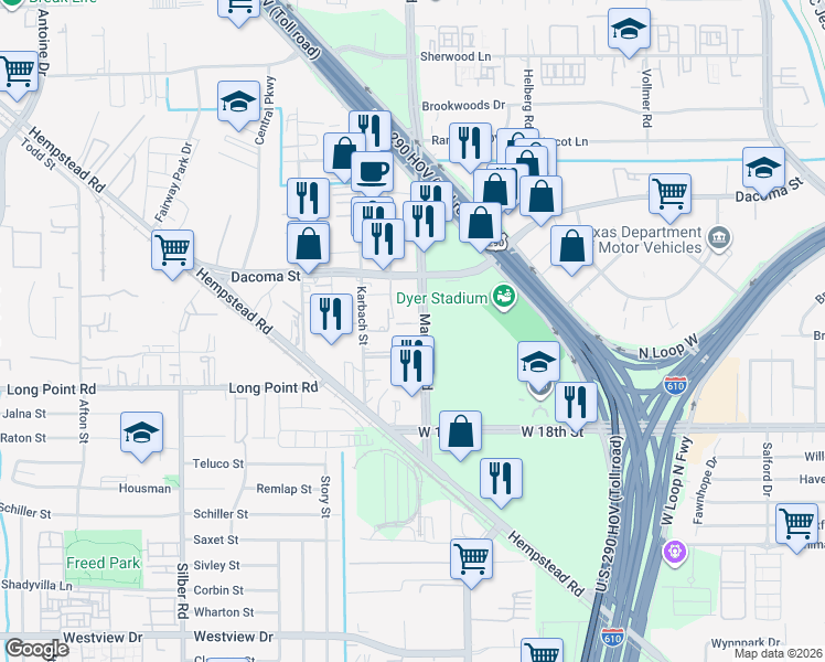 map of restaurants, bars, coffee shops, grocery stores, and more near 2066-2128 Mangum Rd in Houston