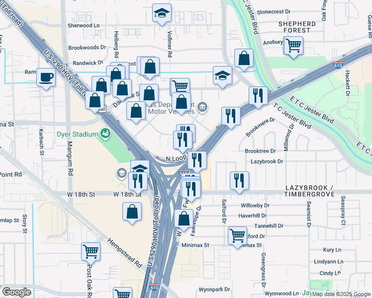 map of restaurants, bars, coffee shops, grocery stores, and more near 2950 North Loop West Freeway in Houston