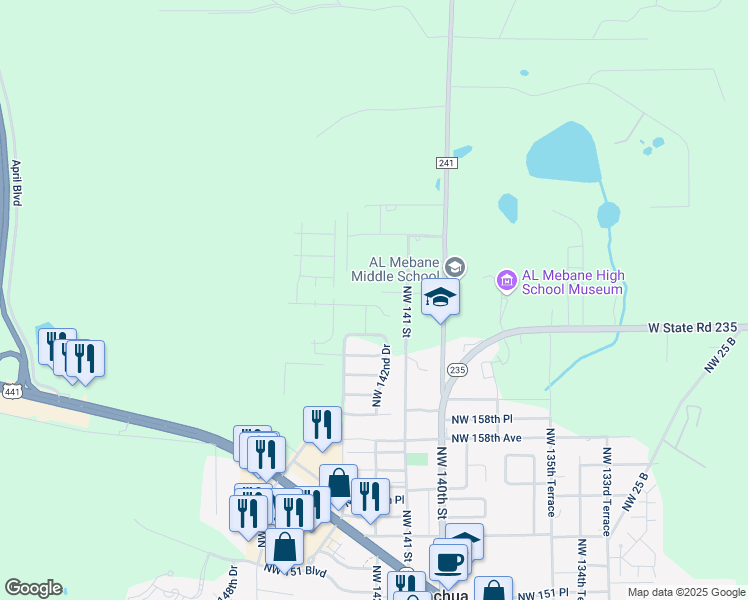 map of restaurants, bars, coffee shops, grocery stores, and more near 14282 Northwest 163rd Place in Alachua